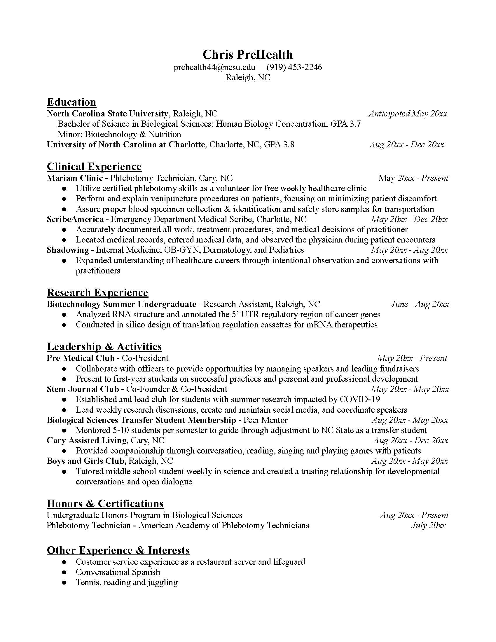 PreHealth Resume Template